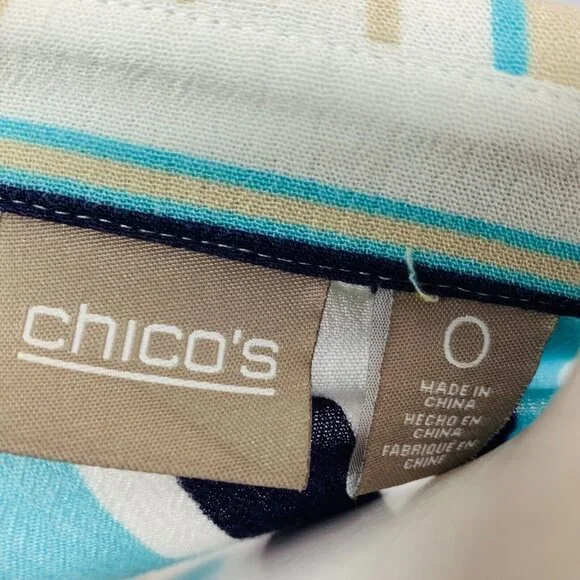 Chicos Womens Top Gauze Blue Green Mixed Stripe Roll Tab Sleeve Size 0 | S - Picture 9 of 12